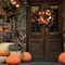 Halloween Wreath with Artificial Pumpkin Handmade Black Maple Leave Skull Pumpkin Orange Berries 20''Front Door Decorations for Indoor Outdoor Home Halloween Festival Decoration